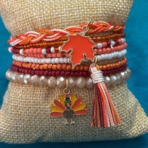 Multicolor Orange Layered Bracelet Stack Turkey Leaf Charm Thanksgiving